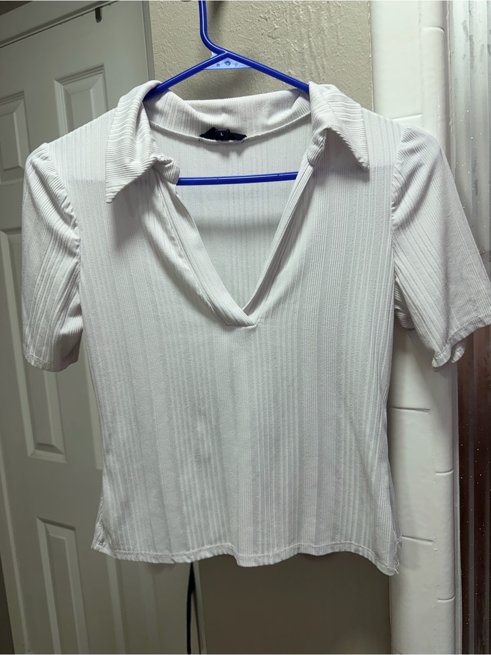 See You Monday White Ribbed V-Neck Polo-Style Short Sleeve Top